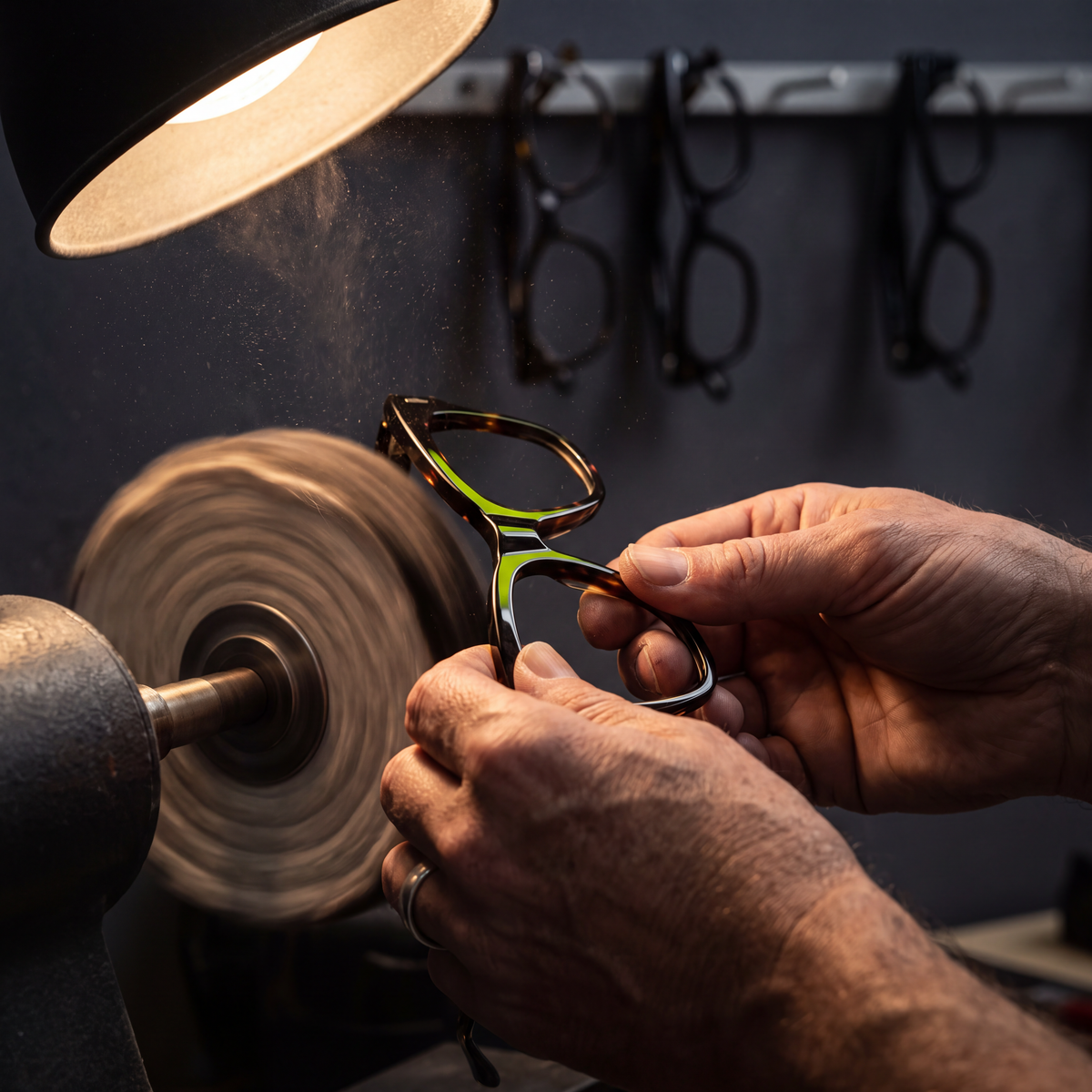 Hands polishing a tortoiseshell acetate frame on a polishing wheel
