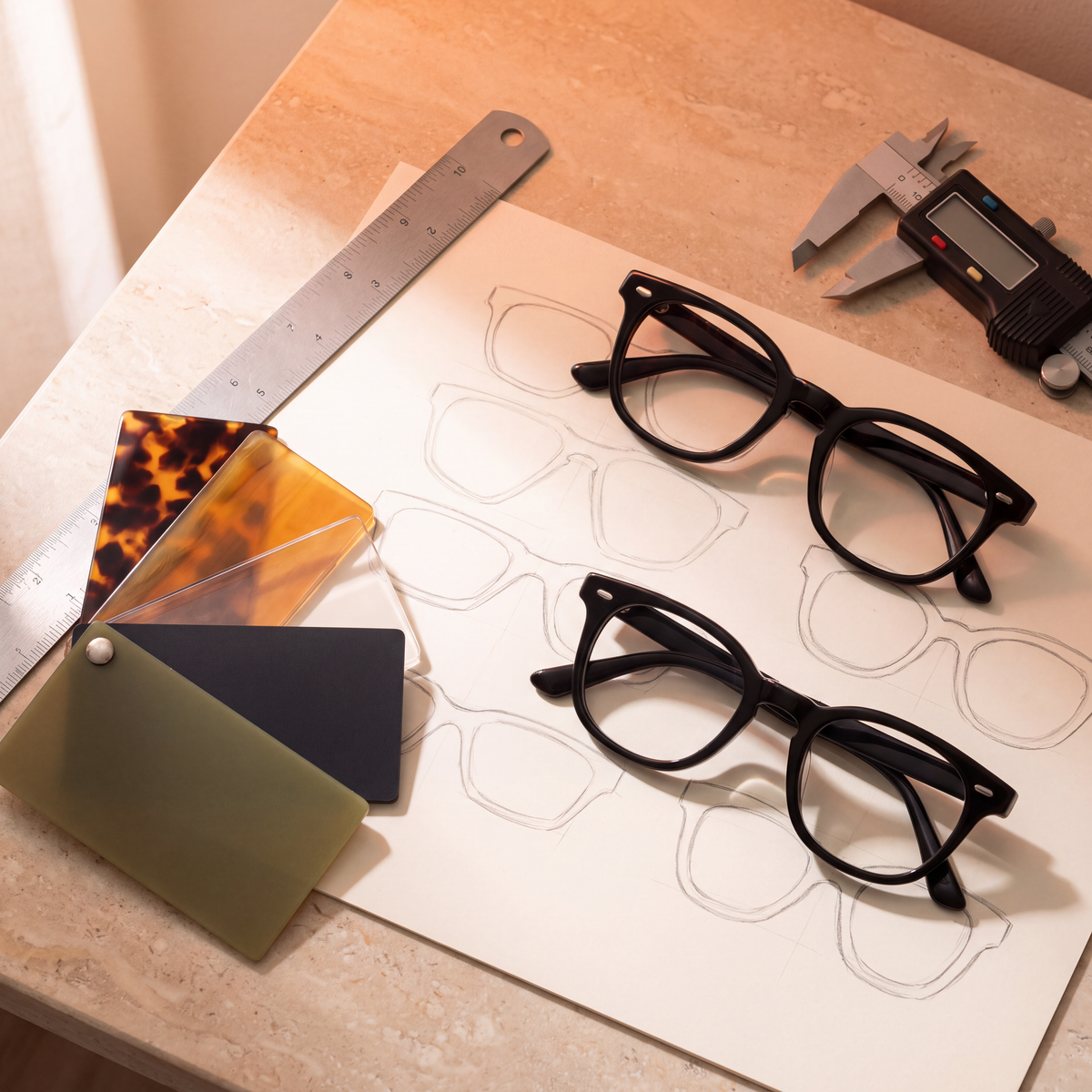 Frame design sketches, acetate swatches and calipers on a stone desk