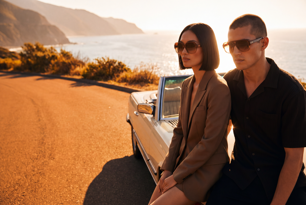 Two models in gradient brown sunglasses on a vintage convertible at golden hour