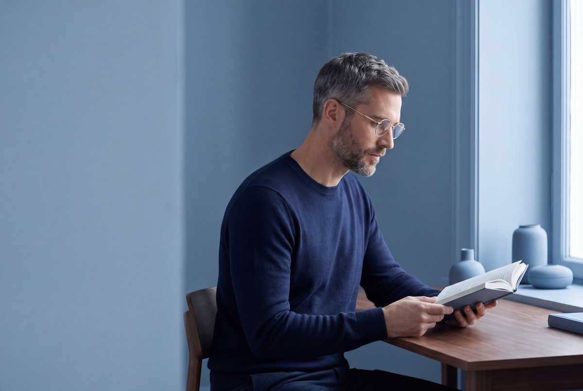 Man in gold titanium round glasses reading at a walnut desk