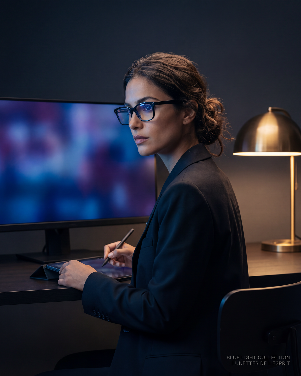 Creative in black rectangular blue-light glasses working late at a monitor