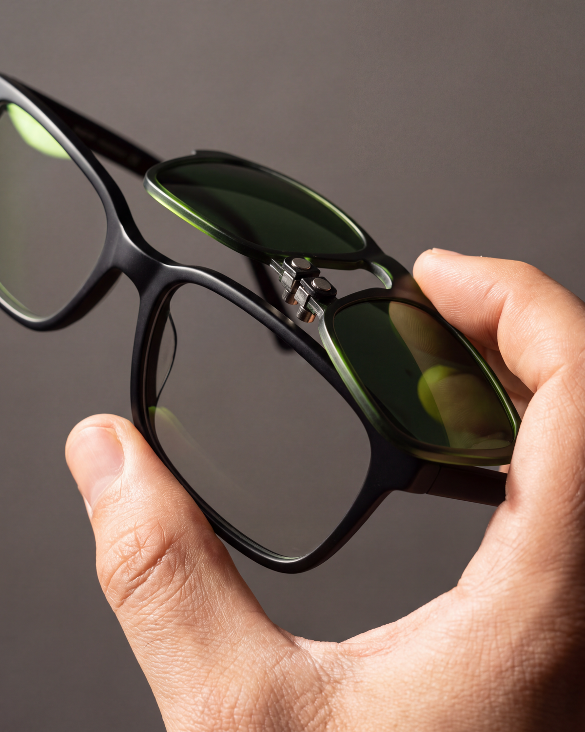Close-up of a magnetic polarised clip-on snapping onto a black optical frame