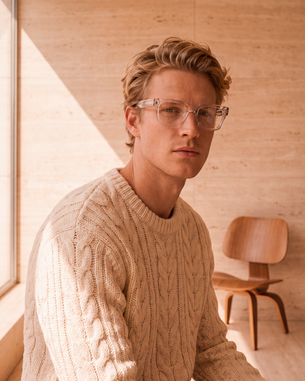 Model in clear crystal square optical glasses and cream knit in a travertine interior
