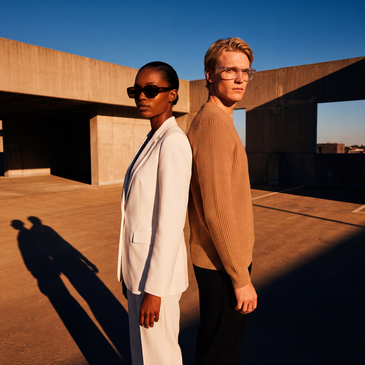 Two models in sunglasses and optical glasses on a concrete rooftop in hard afternoon sun