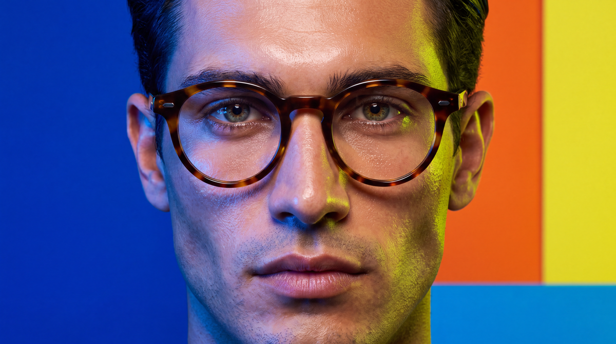 Close portrait of model in round havana tortoiseshell glasses against a cobalt and lime lit background