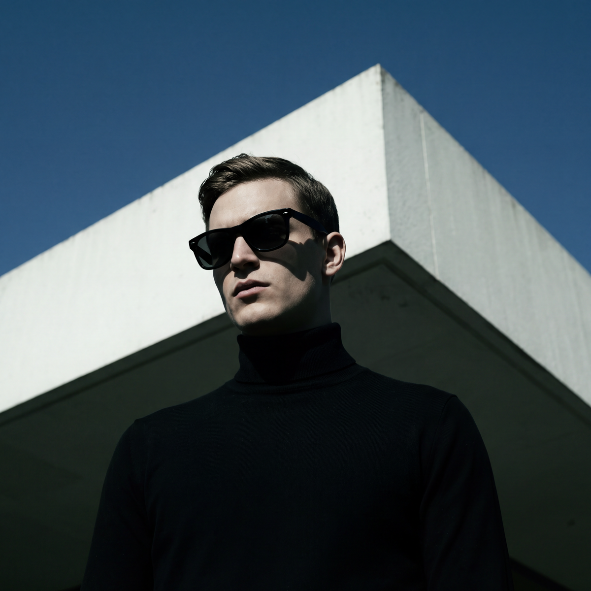 Model in black wayfarer sunglasses against a blue sky and white building