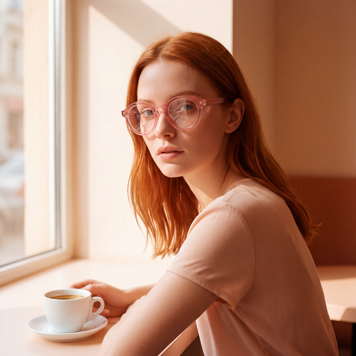 Model in transparent pink round glasses in a sunlit cafe