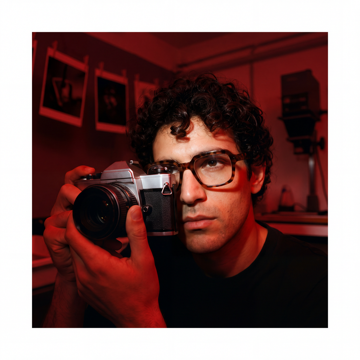 Photographer in tortoiseshell glasses holding a film camera in a red-lit darkroom