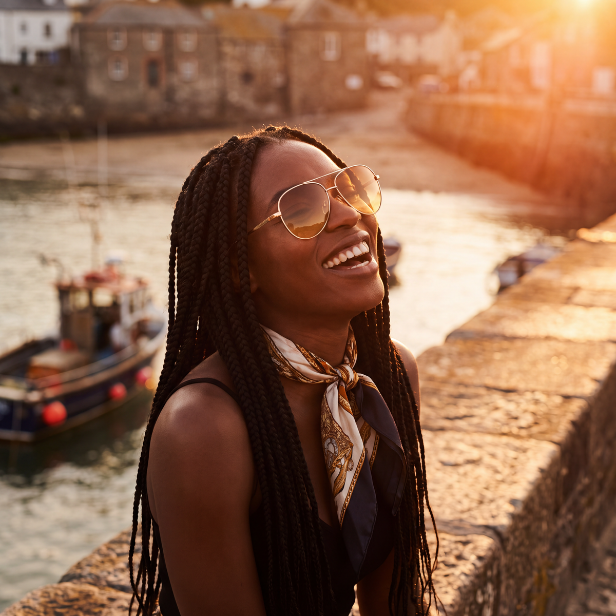 Model in gold aviator sunglasses laughing on a harbour wall at golden hour