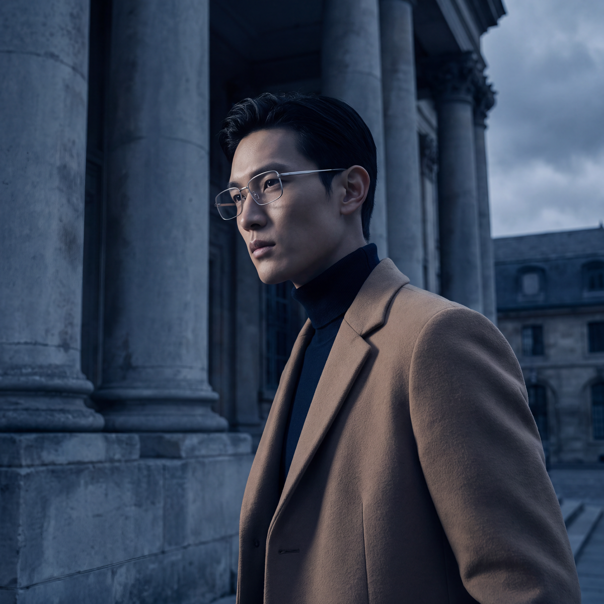 Man in silver titanium glasses walking past stone columns