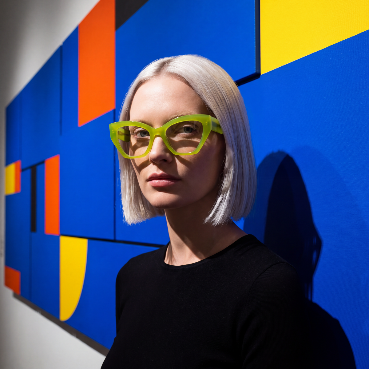 Model in lime green cat-eye frame against a cobalt gallery wall