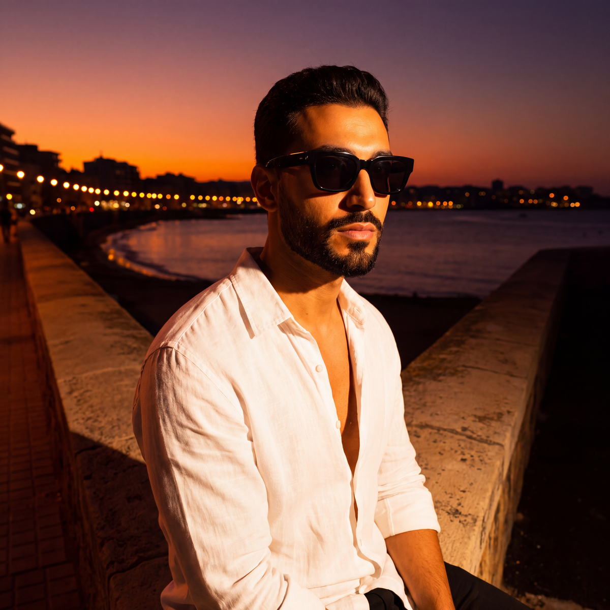 Man in black polarised sunglasses on a seafront wall at dusk